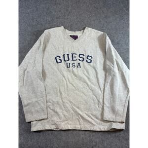 Vintage 90s Guess V Neck Sweatshirt Mens Medium Gray Embroidered Logo Relaxed